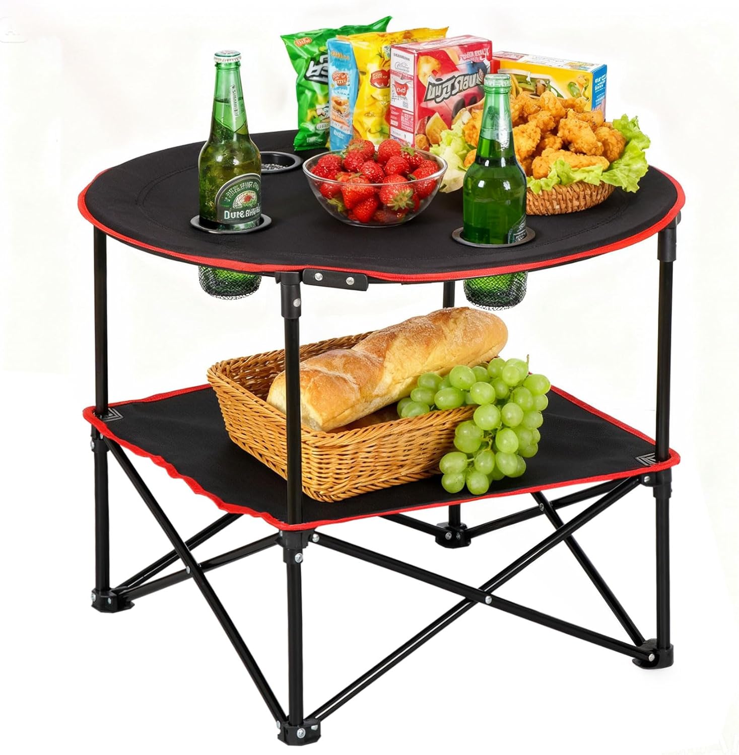 SUPER DEAL Portable Folding Picnic Camping Table with Storage Bag and 4 Cupholders, 2-Tiers Round Outdoor Camping Beach Table, Black