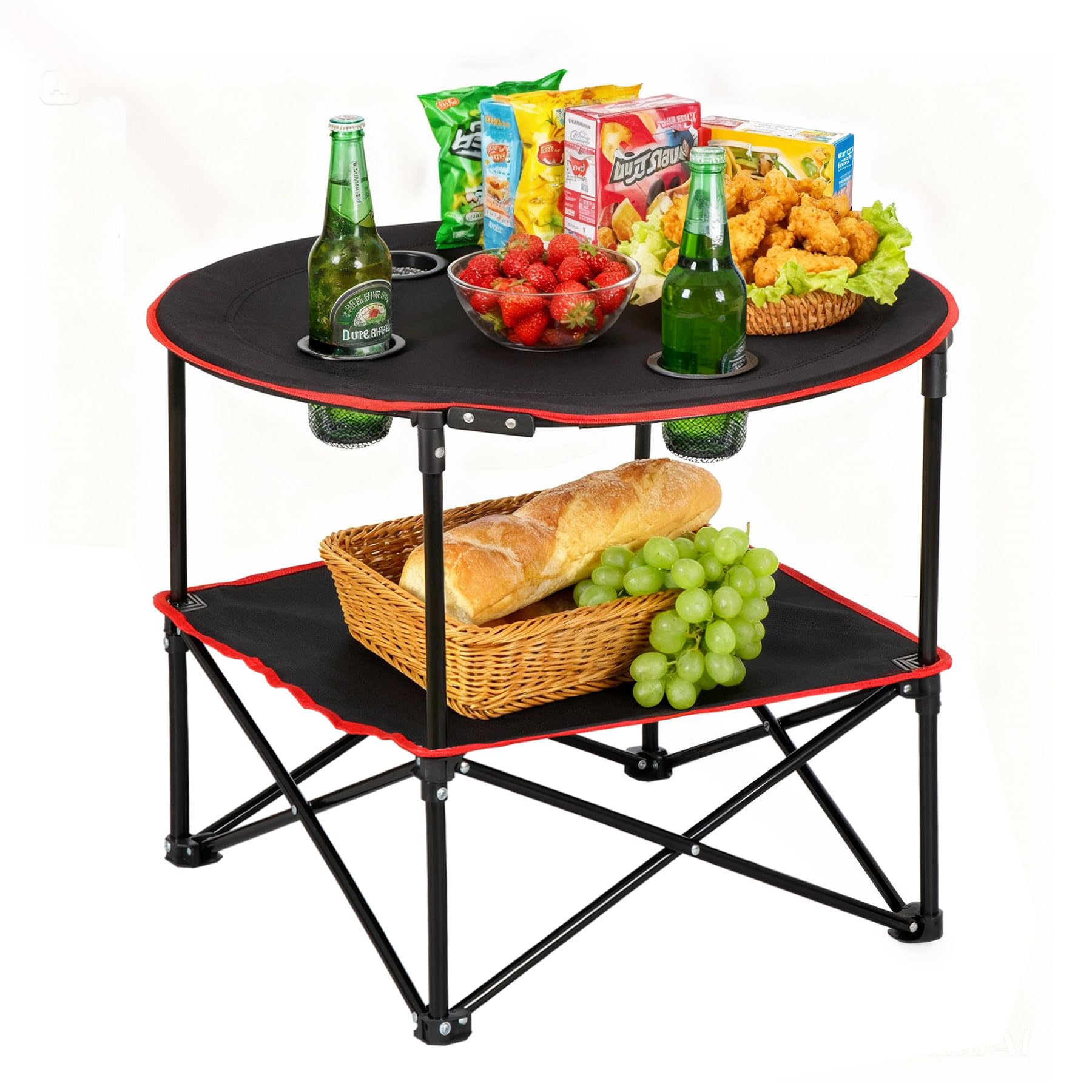 SUPER DEAL Portable Folding Picnic Camping Table with Storage Bag and 4 Cupholders, 2-Tiers Round Outdoor Camping Beach Table, Black