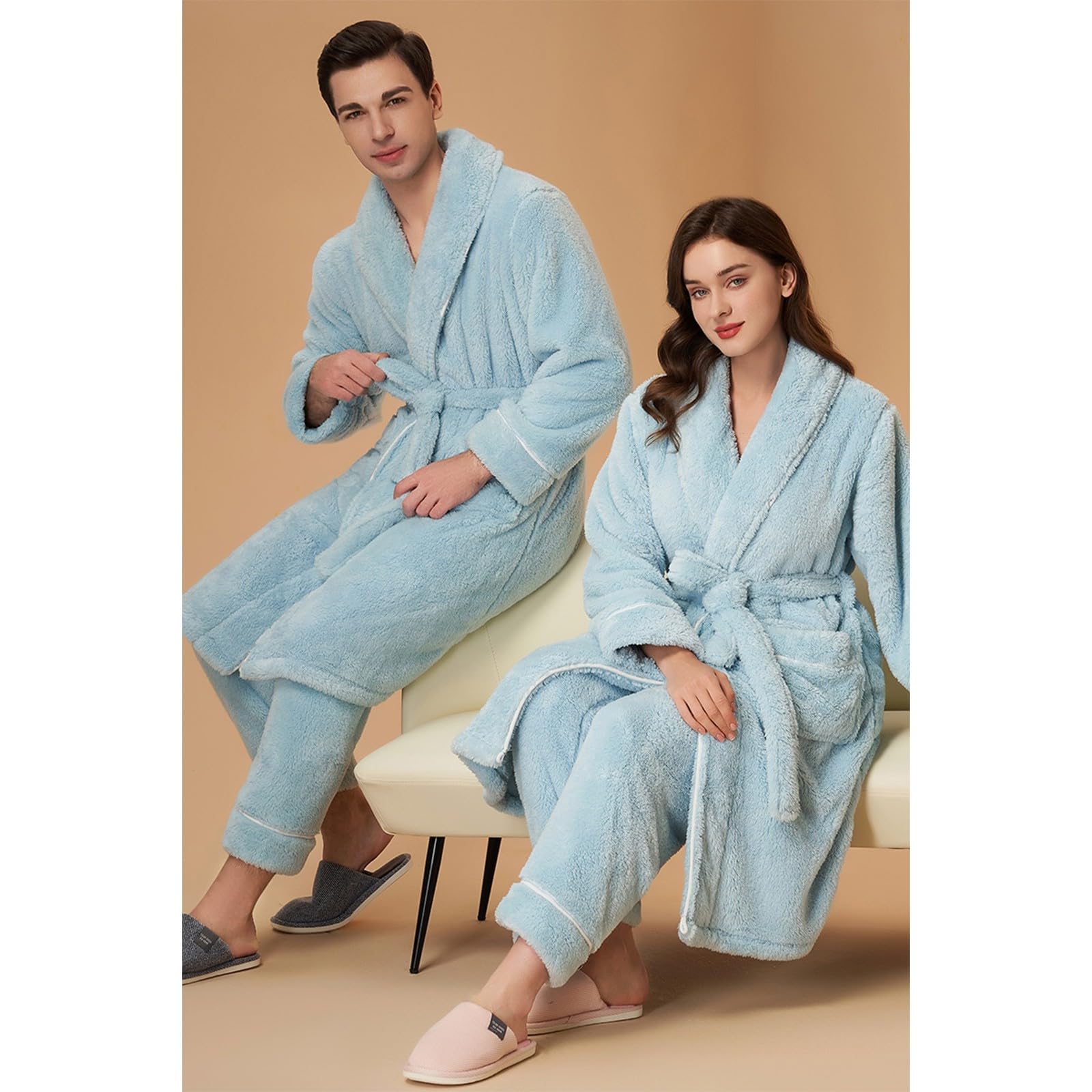 Conjunto de pijama de forro polar para mujer, bata de baño y pantalones sin cierre, conjunto de 2 piezas con bolsillos, cinturón, sherpa, suave, cómodo, ropa de dormir para el hogar