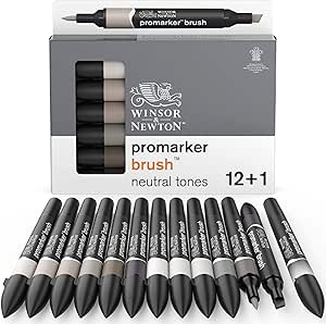 Winsor & Newton 0290144 ProMarker Brush für Zeichnungen, Kalligraphie, Design und Layouts, streifenfreies Zeichnen mit Keil- und Pinselspitze) 13 Farben Set – Neutrale Töne