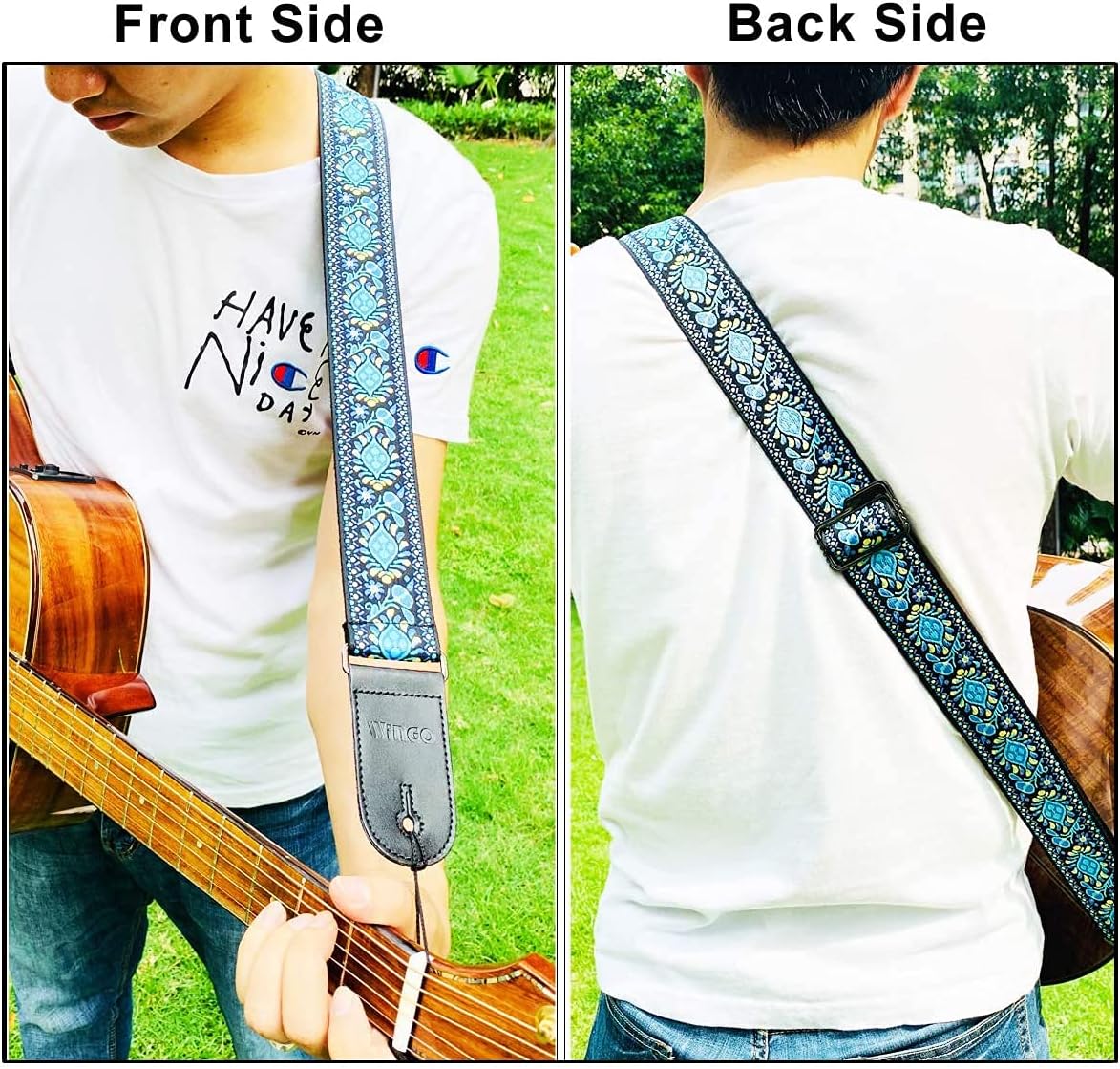 WINGO Guitar Strap Soft Adjustable Embroidery Shoulder Strap Blue Cotton With Guitar Picks for Bass Acoustic Classical and Electric Guitars.