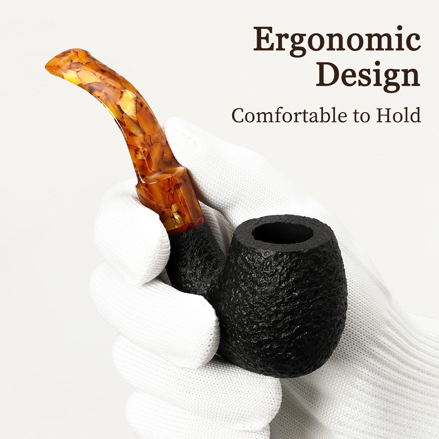 Briar Tobacco Pipe Rustic Finish - Handmade Calabash Flat Base Wood Pipe with Amber Stem - Vintage Style Collectible Gift for Men Smoker with Gift Box & Pouch