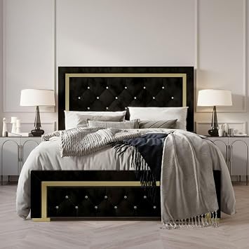 HOME DESIGN Deena Queen Upholstered Panel Bed Frame, Velvet with Diamond Button Tufted Headboard and Gold Metal Legs, Black