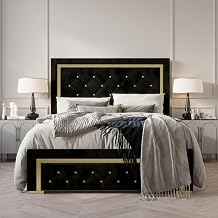 HOME DESIGN Deena Full Upholstered Panel Bed Frame, Velvet with Diamond Button Tufted Headboard and Gold Metal Legs, Black