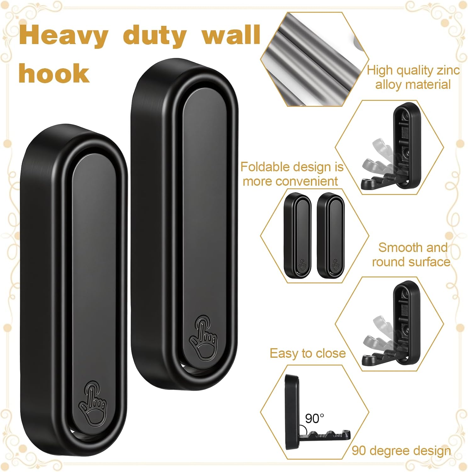 Folding Coat Hooks 2 Pcs Folding Wall Hooks Wall Mounted Black Foldable Walls Hook Heavy Duty Bathroom Hook for Hanging Coat Towels Clothes Hat Bags Keys