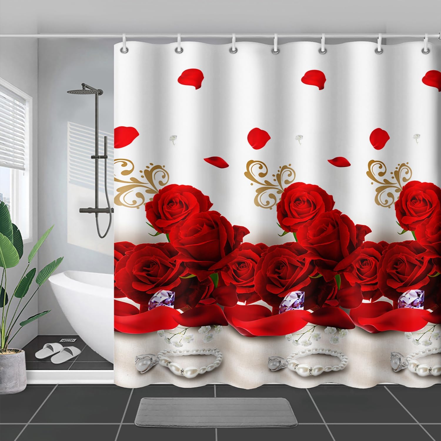 AILONEN Rose Flower Shower Curtain, Red Rose Bath Curtain for Girls, Romantic Flower Bath Curtain 72" W x 72" H Polyester Waterproof with 12 Hooks