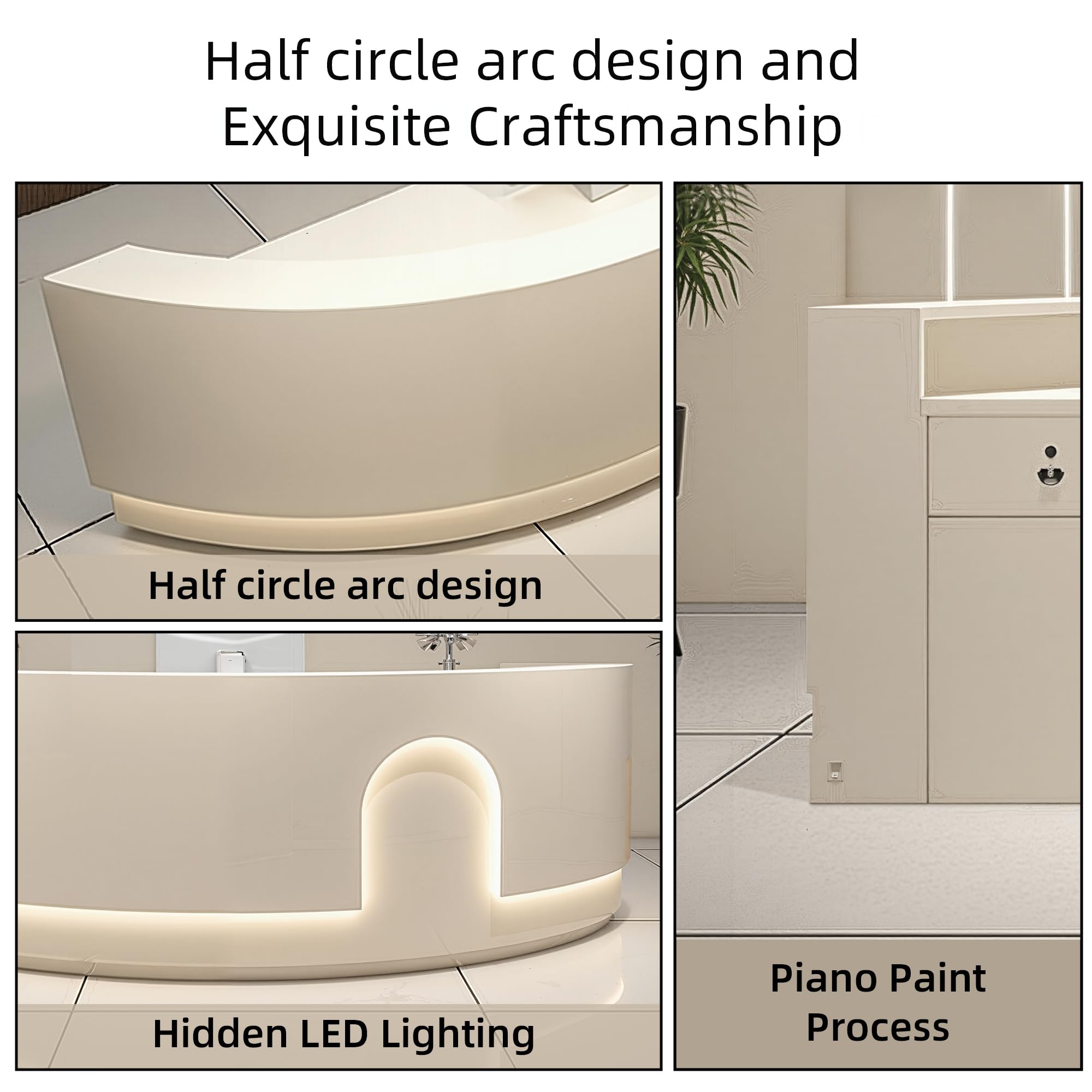 Biurko do recepcji łukowej 100 cali – nie wymaga montażu, wysyłka w jednym kawałku, z ukrytym oświetleniem LED RGB, idealna do salonu piękności, sklepu odzieżowego, biura, butiku, holu, Reta