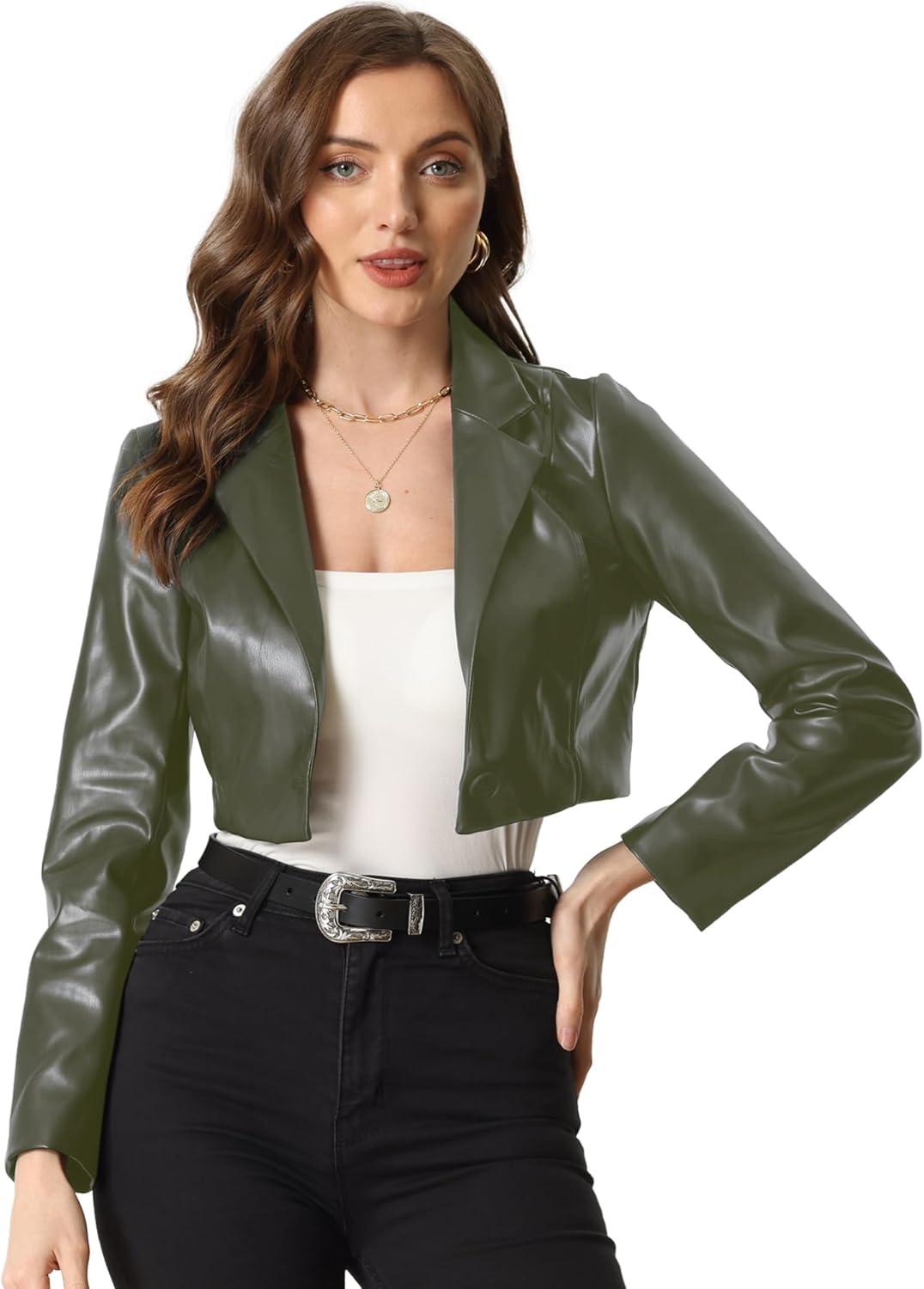 Allegra K Cropped Leather Jacket for Women's PU Casual Moto Jackets
