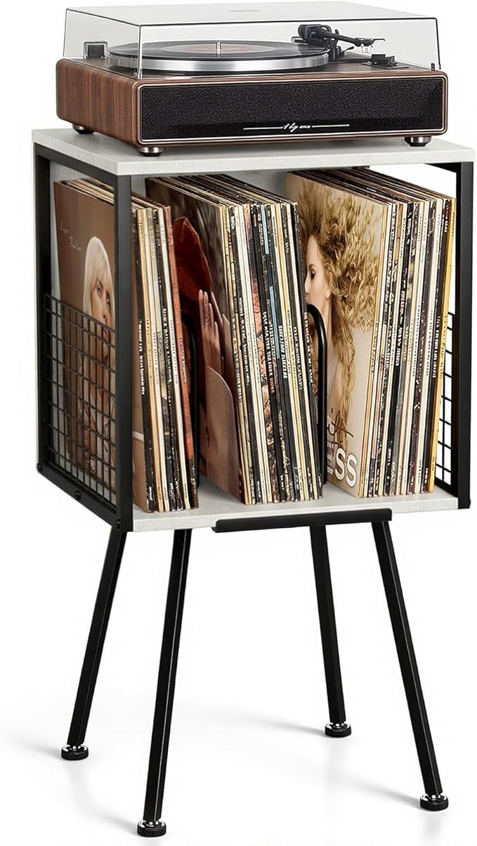 Record Player Stand with Storage Holds 100+ Vinyl Records, Industrial Turntable Stand with Storage Shelf, LP Album Organizer Cabinet for Small Spaces,Rustic End Table