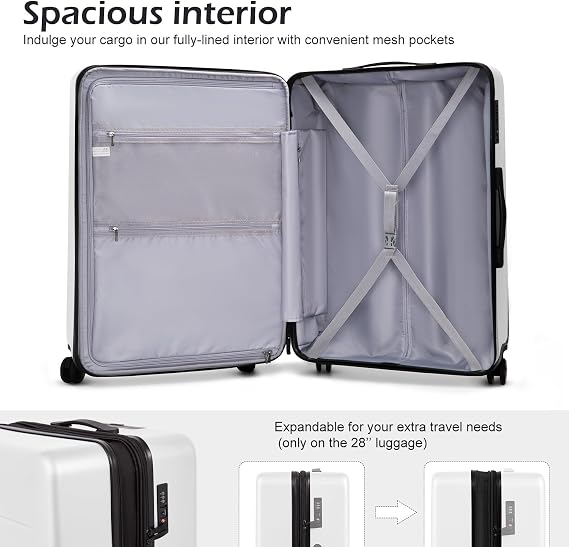 Coolife Luggage Suitcase Piece Set Carry On ABS+PC Spinner with pocket Compartment(White, 2-piece Set)