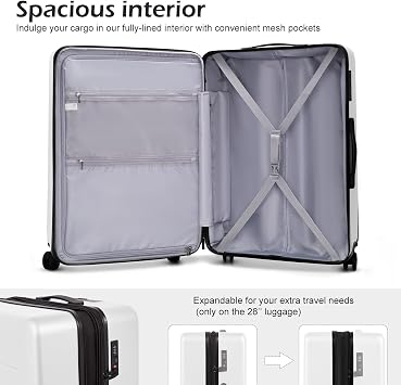 Coolife Luggage Suitcase Piece Set Carry On ABS+PC Spinner with pocket Compartment(White, 2-piece Set)