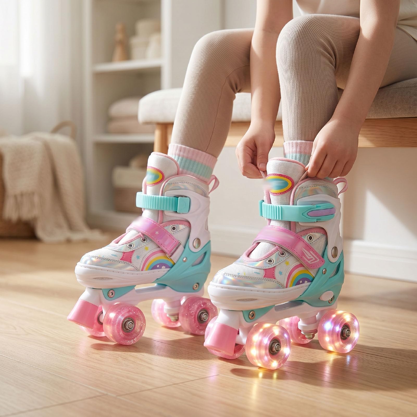 Asixxsix Patines de Ruedas Ajustables con Luz para Niñas, Patines Cuádruples de Doble con Correas de Hebilla, Cierres de Gancho y Bucle, Cordones Antideslizantes para Deportes en
