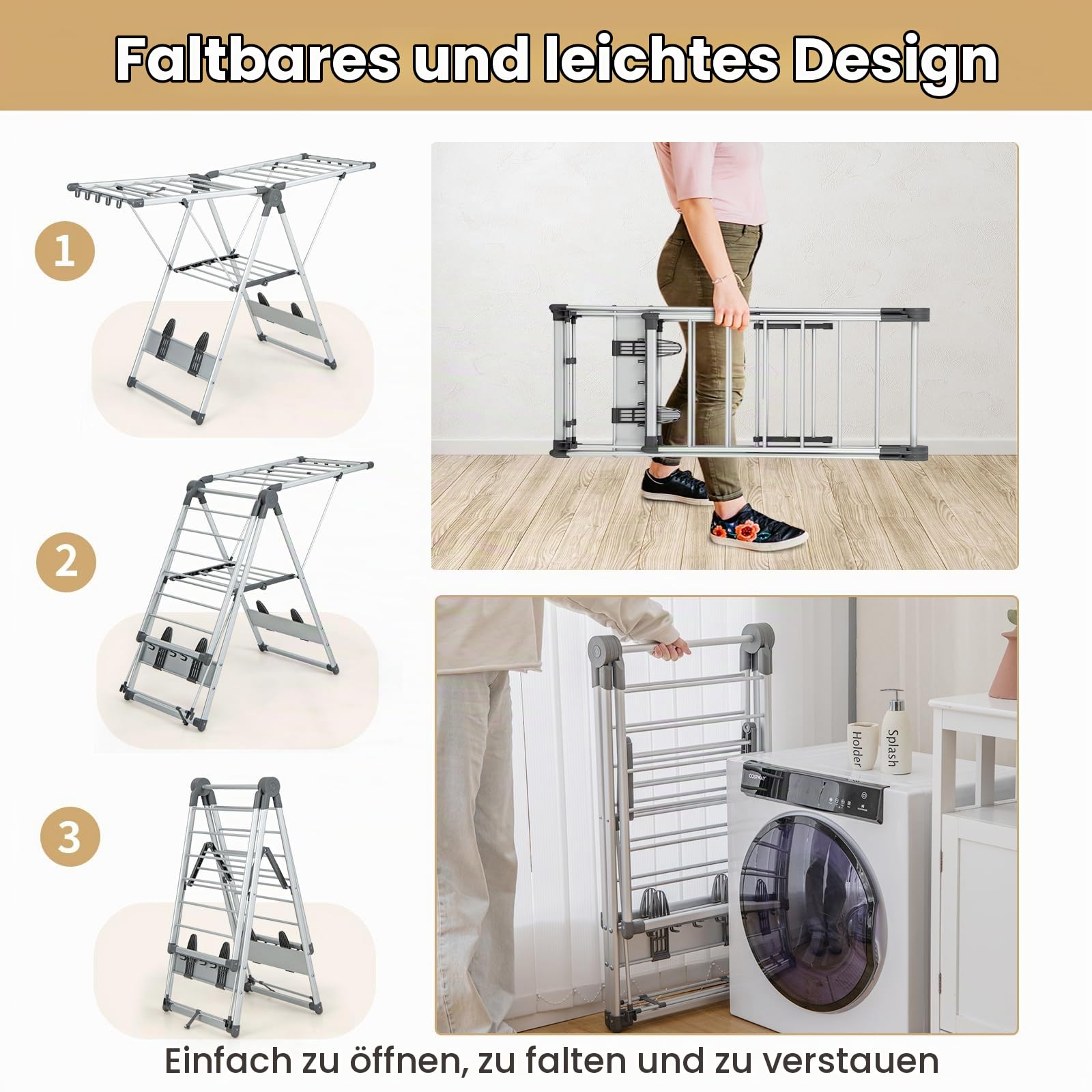 HOMASIS Wäscheständer klappbar, Standtrockner mit Flügeln, höhenverstellbar Wäschetrockner mit 21 Wäschestange & 10 Sockenhalter & 4 Schuhhalter, Flügelwäschetrockner Trockenständer für Innen & außen