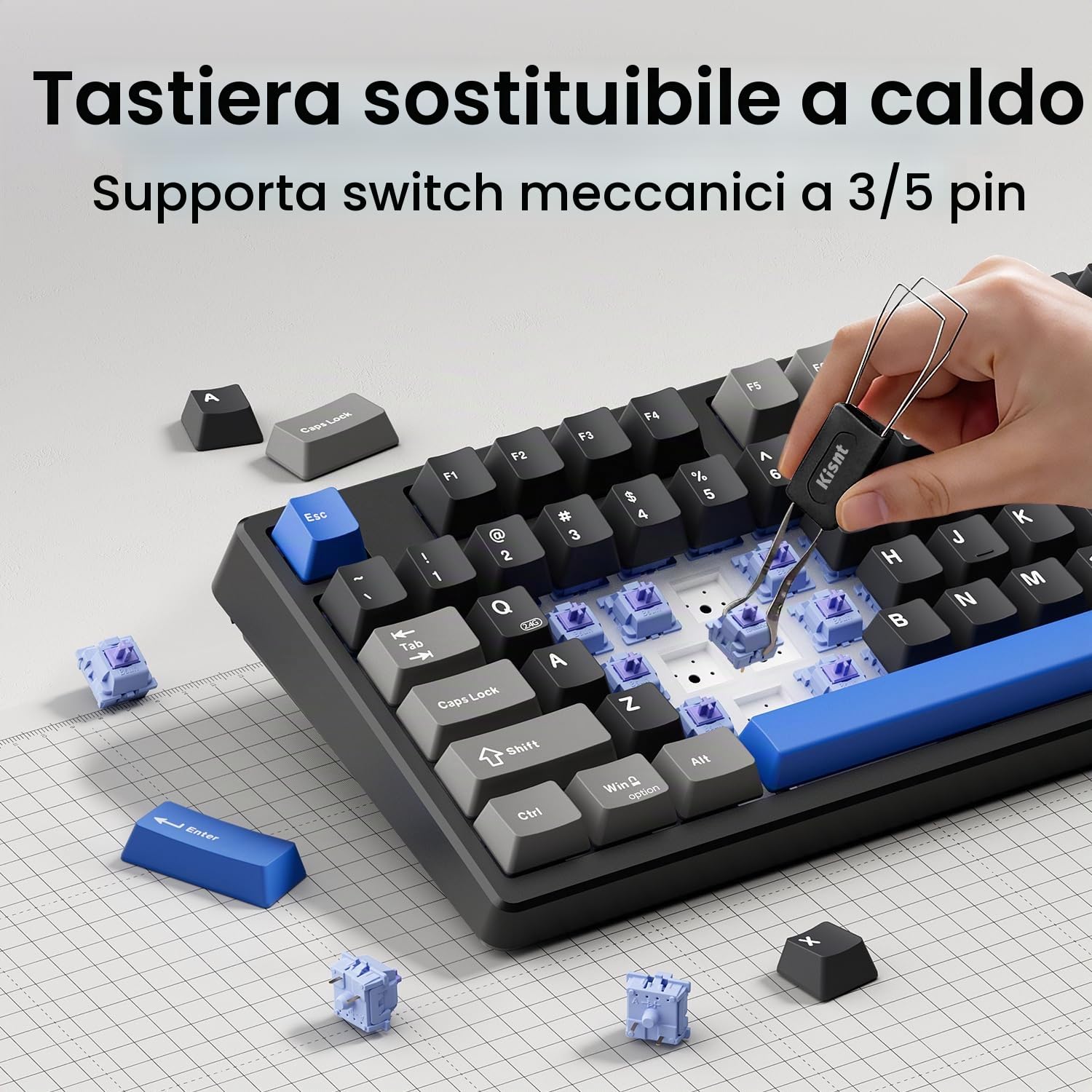 Kisnt Tastiera meccanica wireless, guarnizione montata con suono cremoso, Bluetooth/2,4 GHz/USB-C, hot swap personalizzato, retroilluminazione RGB, layout compatto al 75% per gaming/digitazione/Win