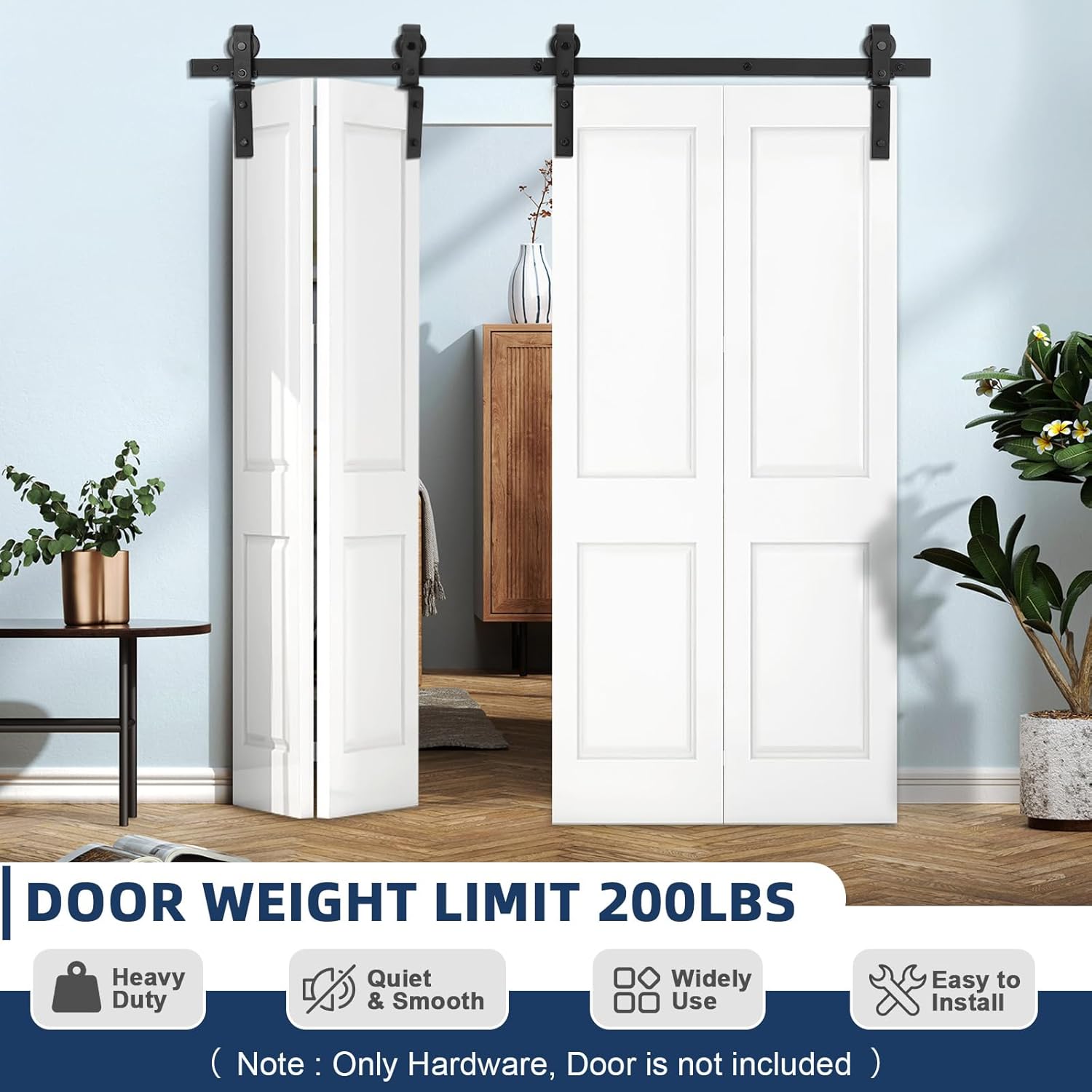 72"/6Ft Bifold Sliding Barn Door Hardware Track Kit, Bi-Folding Barn Door Hardware Kit, Side Mounted Black J Shape Roller Up to 400 LBS, Heavy Duty Bifold Door Hardware for 4 Doors, Smoothly and Quiet