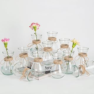 12 Hourglass Glass Bud Vases 5.3“ H, Transparent Centerpiece Vases with Hemp Rope for Weddings Parties Farmhouse Decor
