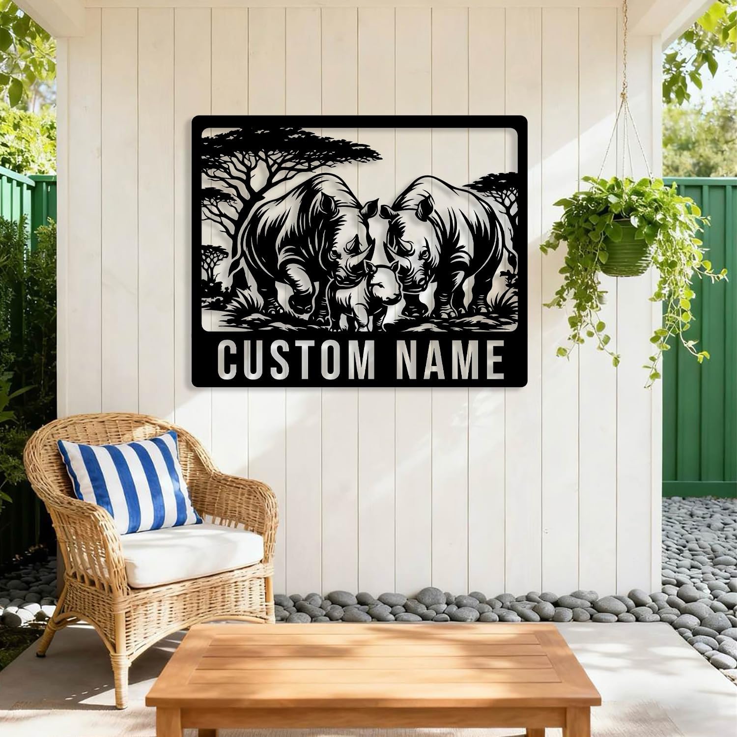 Custom Rhino Metal Sign,Personalized Safari Name Wall Art,Rhino Family Name Sign,Hunting Cabin Decor,Farmhouse Outdoor Address Plaque,Garden Yard Decor (Style-E)