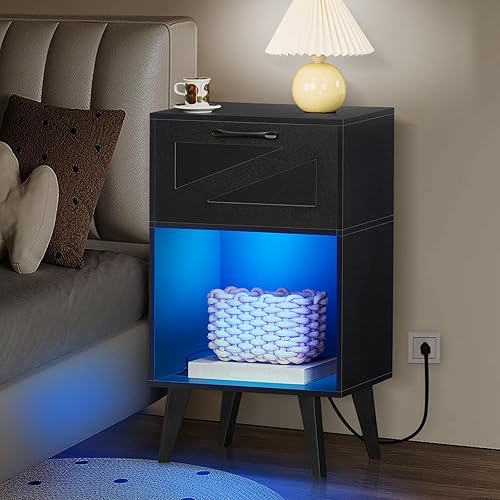 Miniatura 4 de Lerliuo Mesita de noche con estación de carga y luces LED, mesa auxiliar moderna con cajón y estante de almacenamiento abierto, mesita de noche con