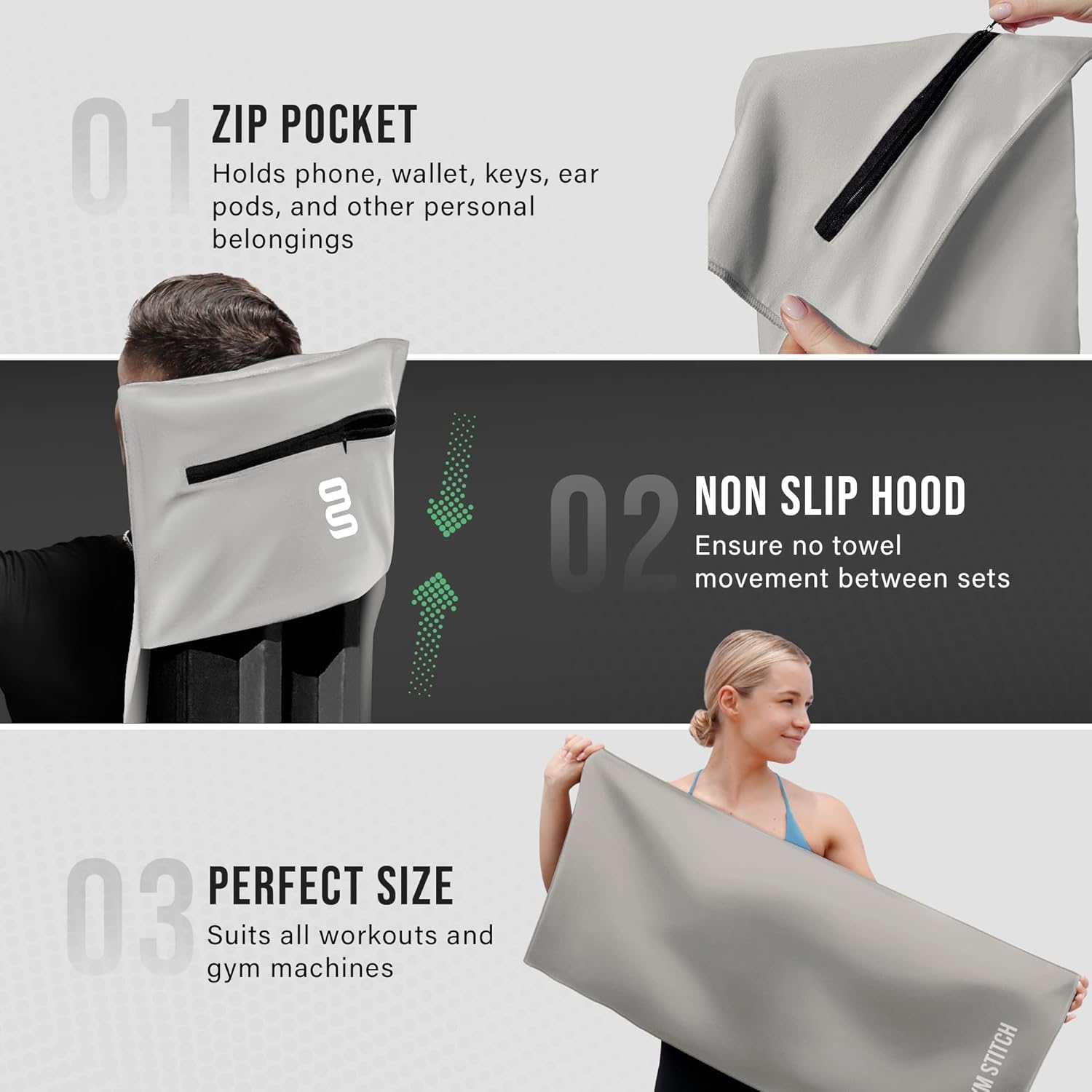 Small Microfibre Gym Towel with Zip Pocket, Multi-Purpose Exercise Towel for Workout & Sports (Grey)