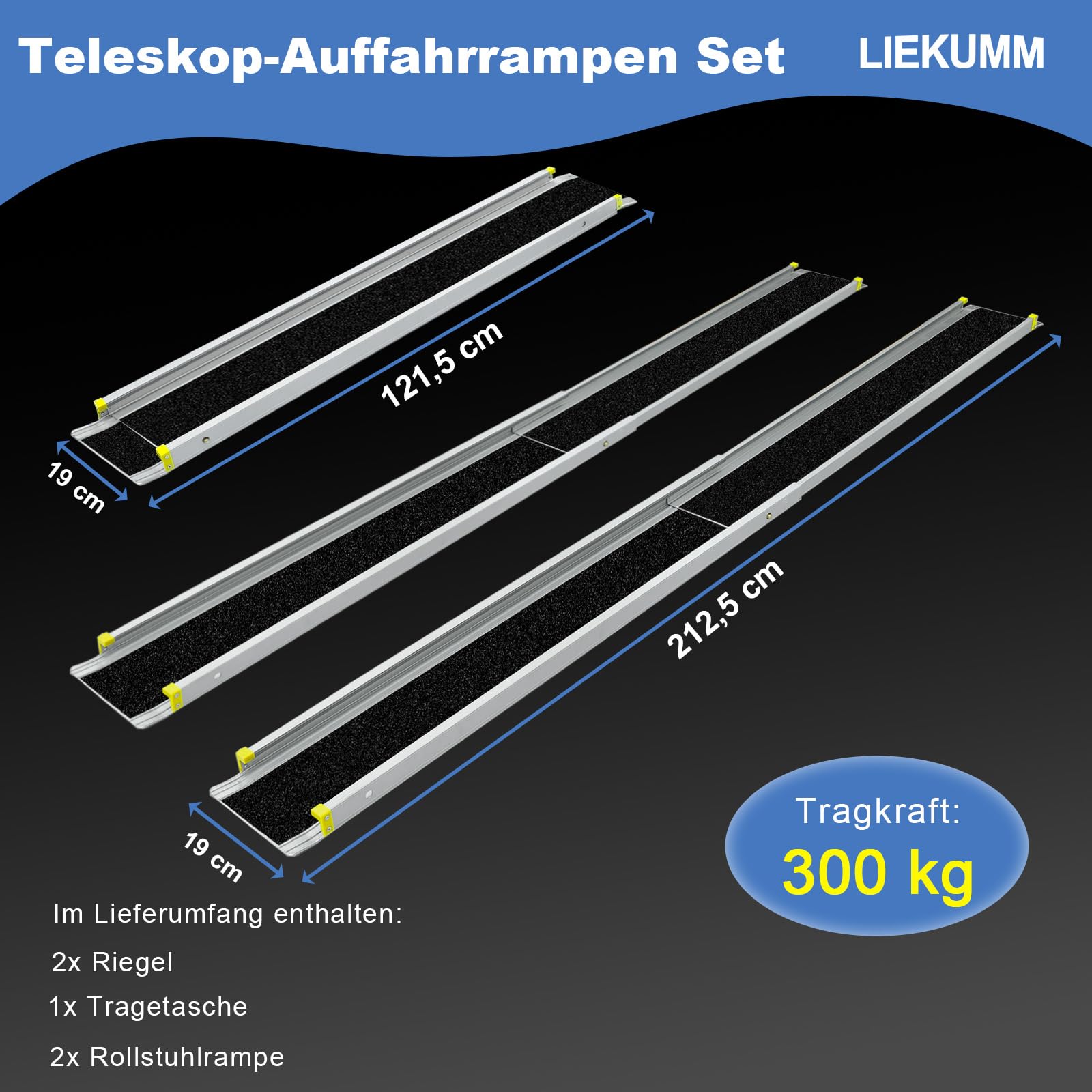 LIEKUMM Rampa dla wózków inwalidzkich, zestaw 2 szt., aluminiowa rampa do wózka inwalidzkiego, wysuwana, 121,5 do 212,5 cm, nośność 300 kg, rampa najazdowa dla wózków inwalidzkich, rampa progowa do