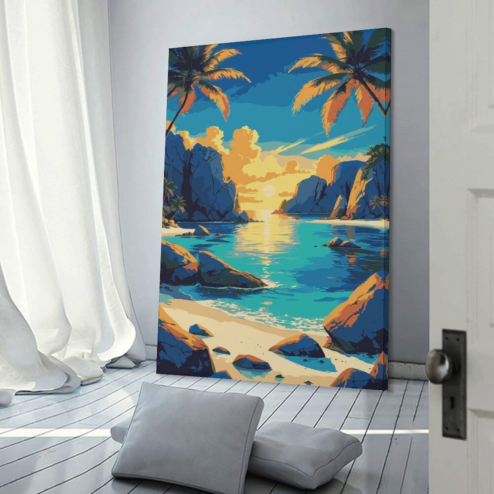 Junmoney Tropical Beach Sunset Illustration Hanging Wall Art 20x30inch(50x75cm), for New Homes, Bedrooms Or Workspaces, Thoughtful Wall Decor for Art Lovers