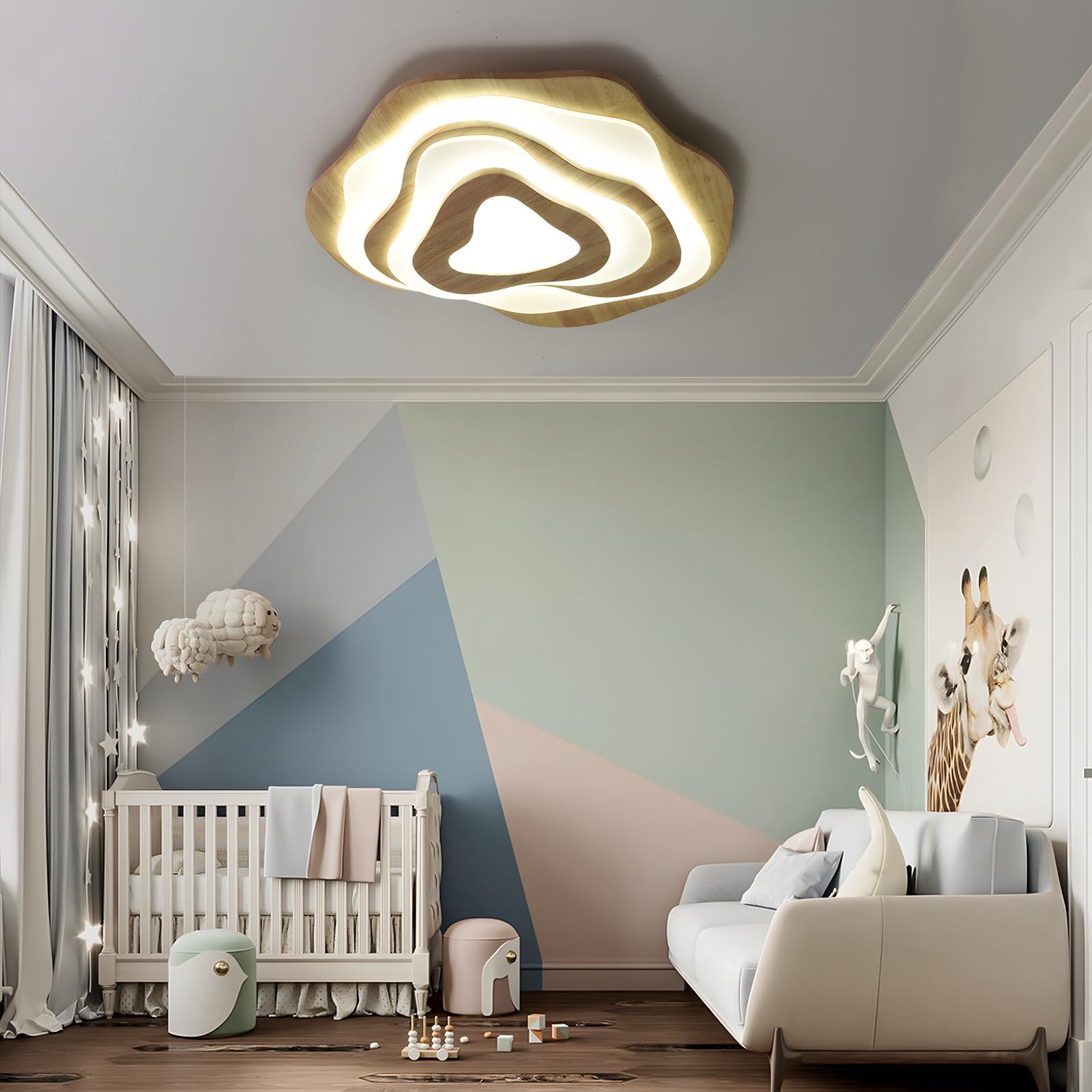 Lámpara Techo LED Madera | Ø57cm 50W 4300lm | 3000K-6000K Regulable Con Control Remoto, Lámpara Moderna Madera Natural + Nubes Acrílicas, Sala Estar Dormitorio Infantil Cocina Comedor Casa