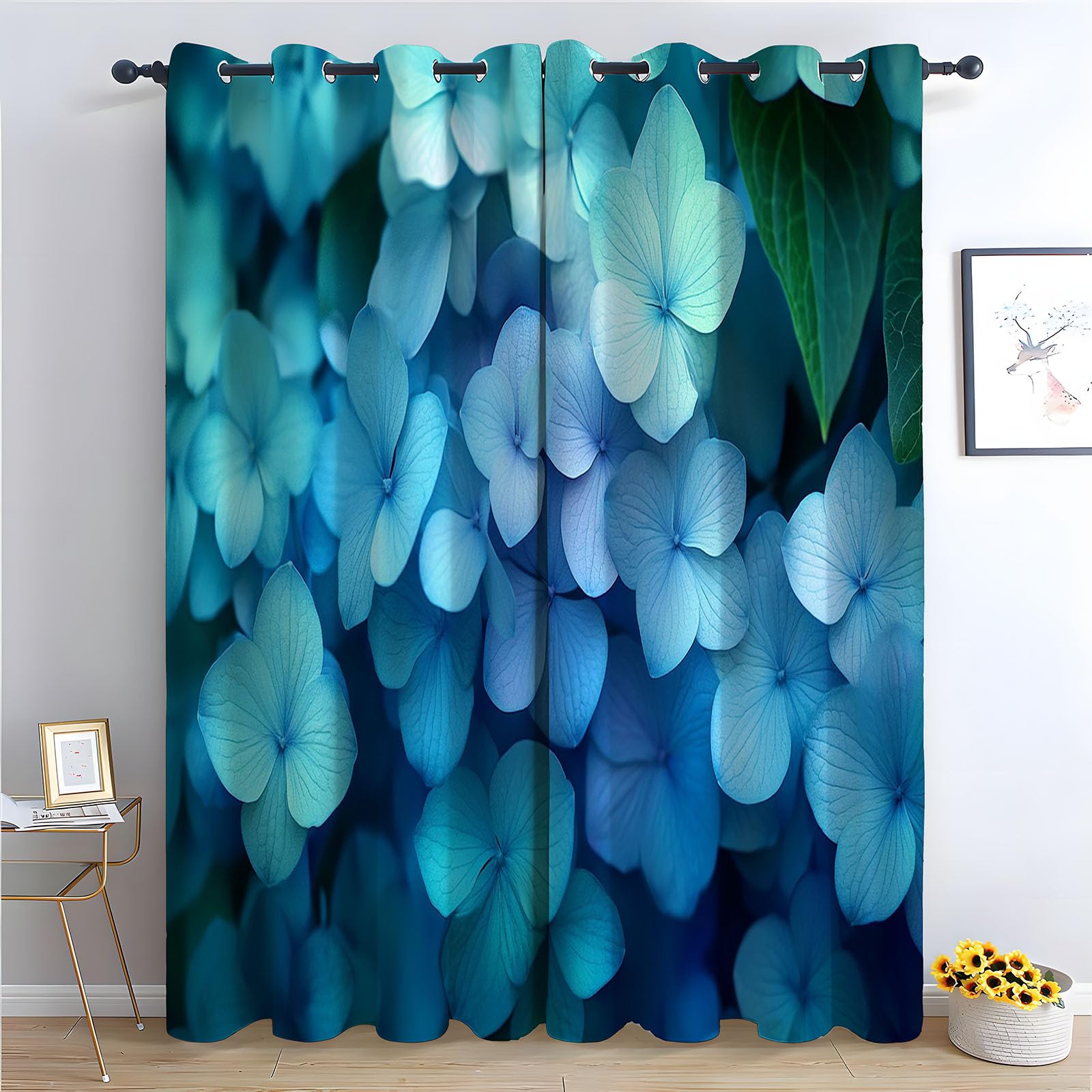 TERUEA Blackout Curtains Macro soft light blue hydrangea flower close Green Floral Patterned Curtains Vintage Art Deco Drapes Thermal Insulated Room Darkening Curtains-42 W x 63" L (Pack of 2)