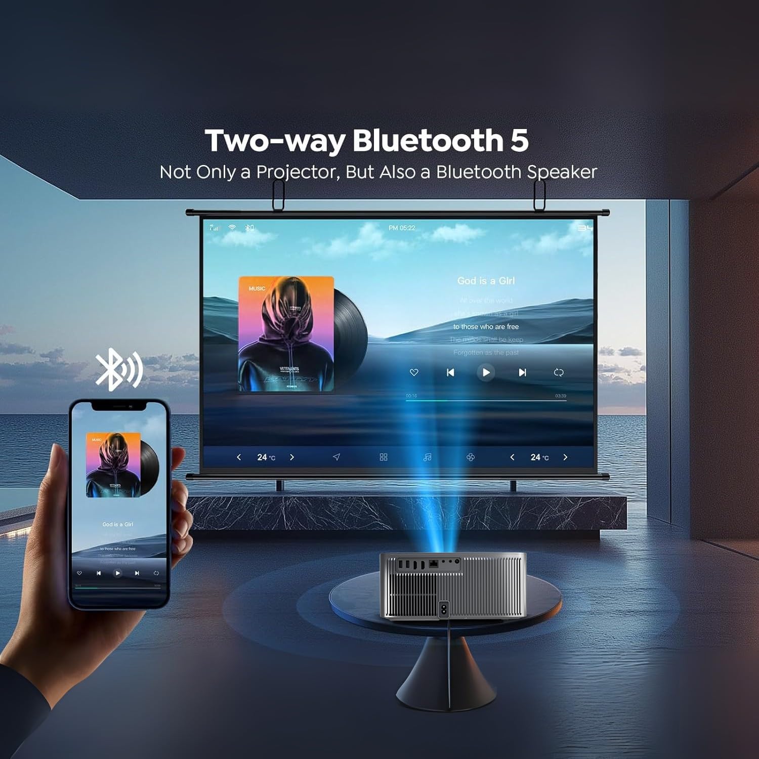 WZATCO Legend Optimus projector with sound waves emanating from its sides, indicating dual-box speakers and Dolby Atmos support.