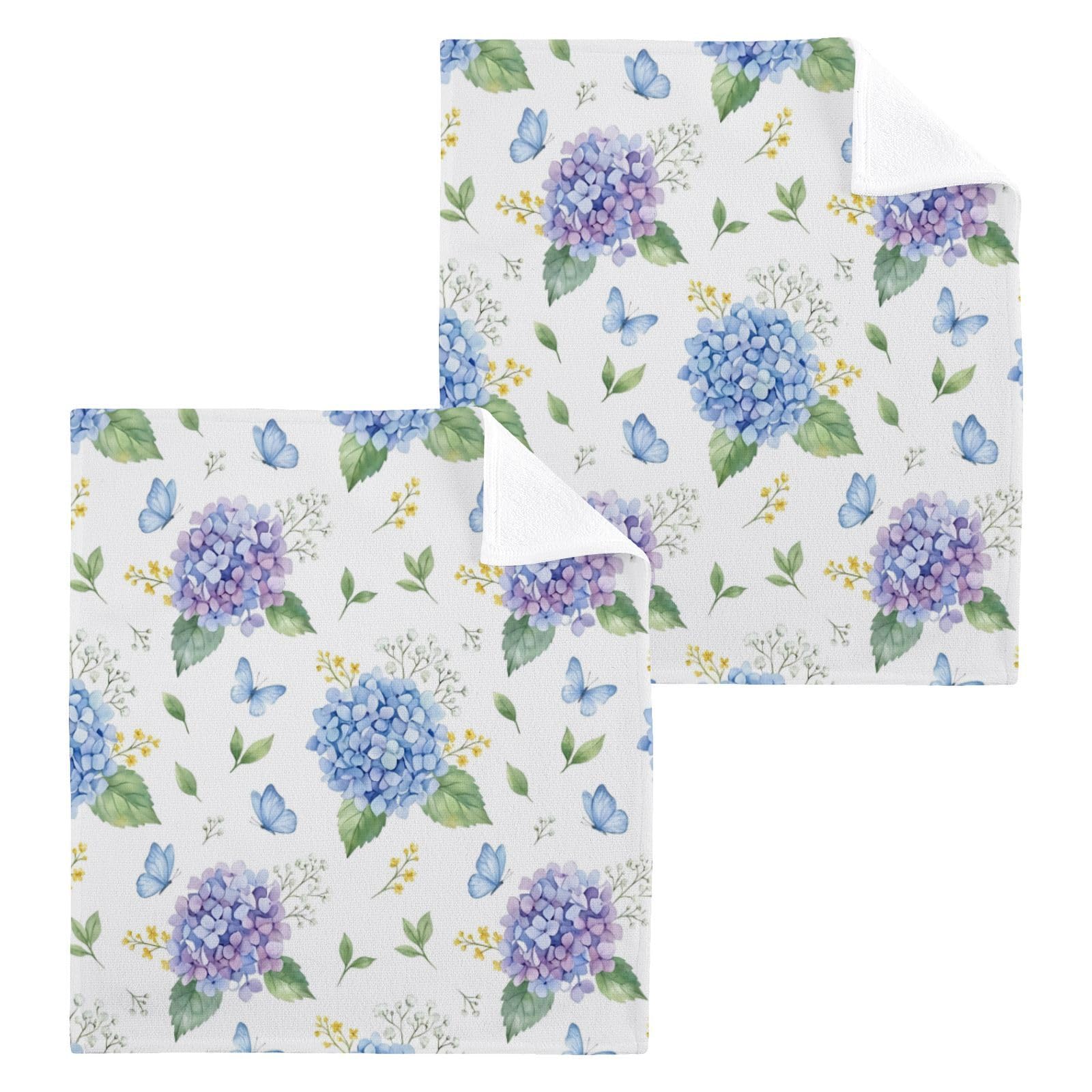 BOESI Hydrangea Butterfly Pattern 12x12in Cotton Washcloth,Face Towel