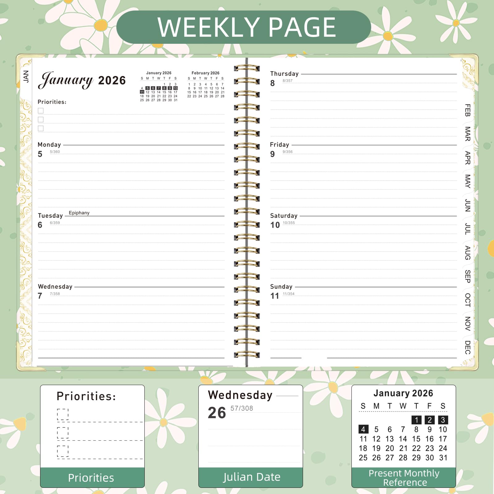 Knagsfa 2026 Monthly Planner, Jan.2026 - Dec.2026 Weekly Monthly Planner 6.25"x8.5" with Page Tabs, Calendar Hardcover with Inner Pocket, Elastic Band, Twin-Wire Binding, Bookmark, Green Daisy - Image 4