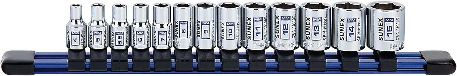 13Piece 1/4 Drive Chrome Socket Rail 6Pt Metric Standard