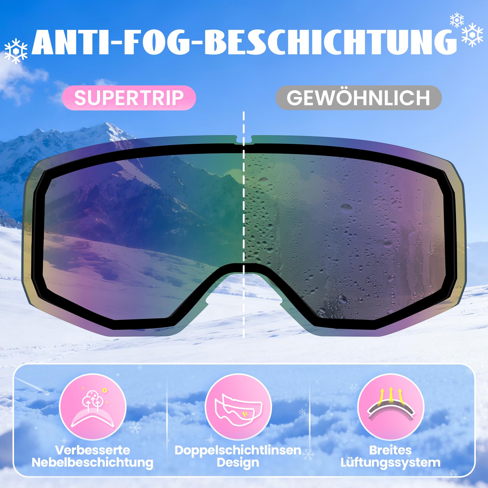 Supertrip Maschera da Sci Bambino, Occhiali da Sci snowboard Anti 400UV Anti Nebbia per bambini e bambine dai 6 ai 14 anni, maschera da snowboard compatibili con i caschi