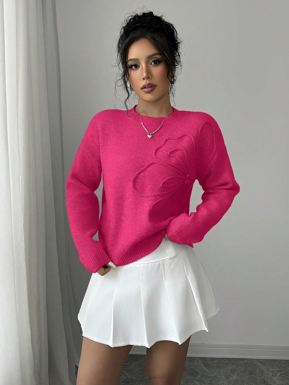 Verdusa Women's Fall 3D Flower Appliques Crewneck Sweaters Long Sleeve Drop Shoulder Pullovers Elegant Knit Tops Hot Pink Large - Image 5