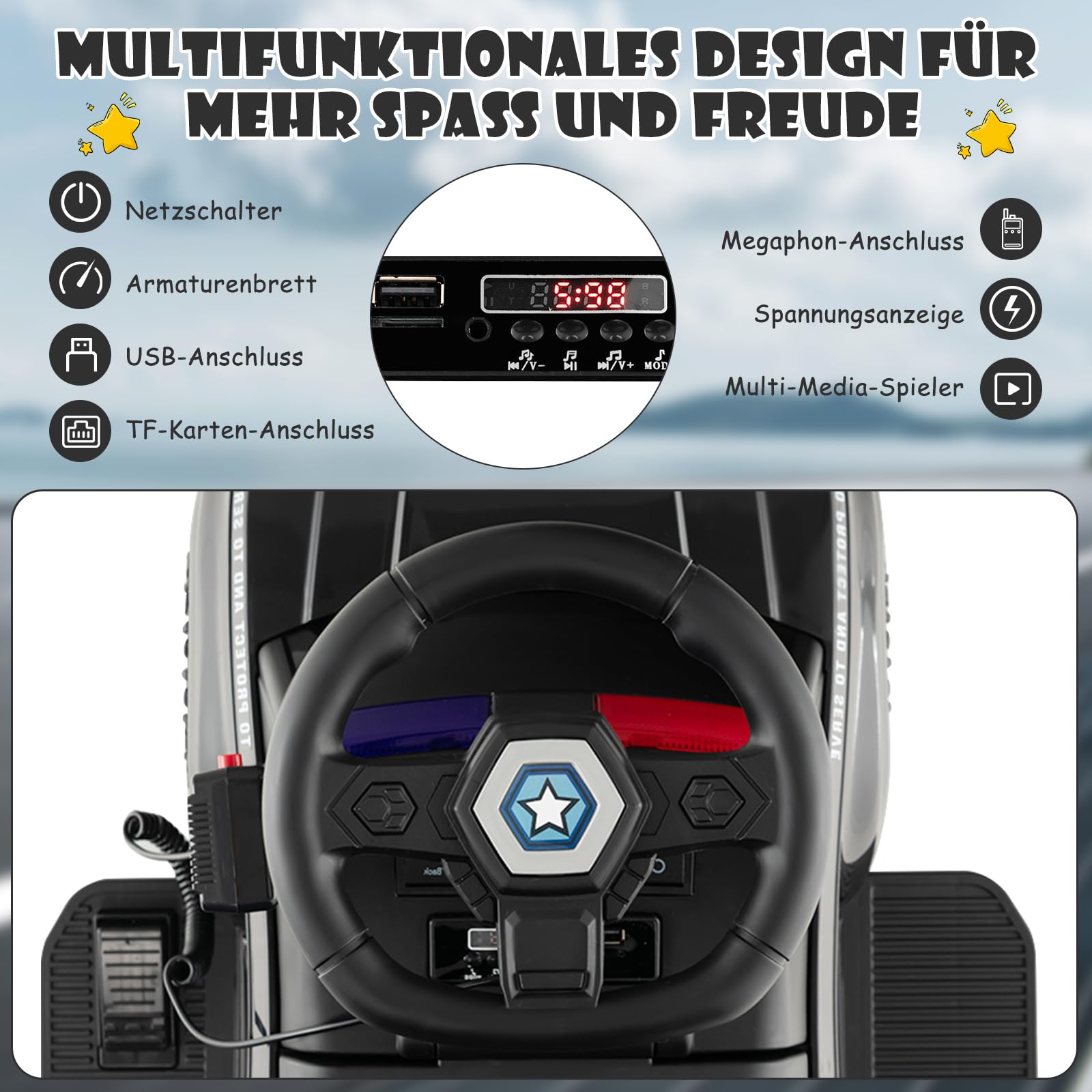 DREAMADE 6V Kinder Elektroauto, Elektrofahrzeug mit Sirene & LED Lichtern & Musik & Hupe, Batteriebetriebenes Kinderfahrzeug, für Kinder ab 18 Monate (Schwarz)