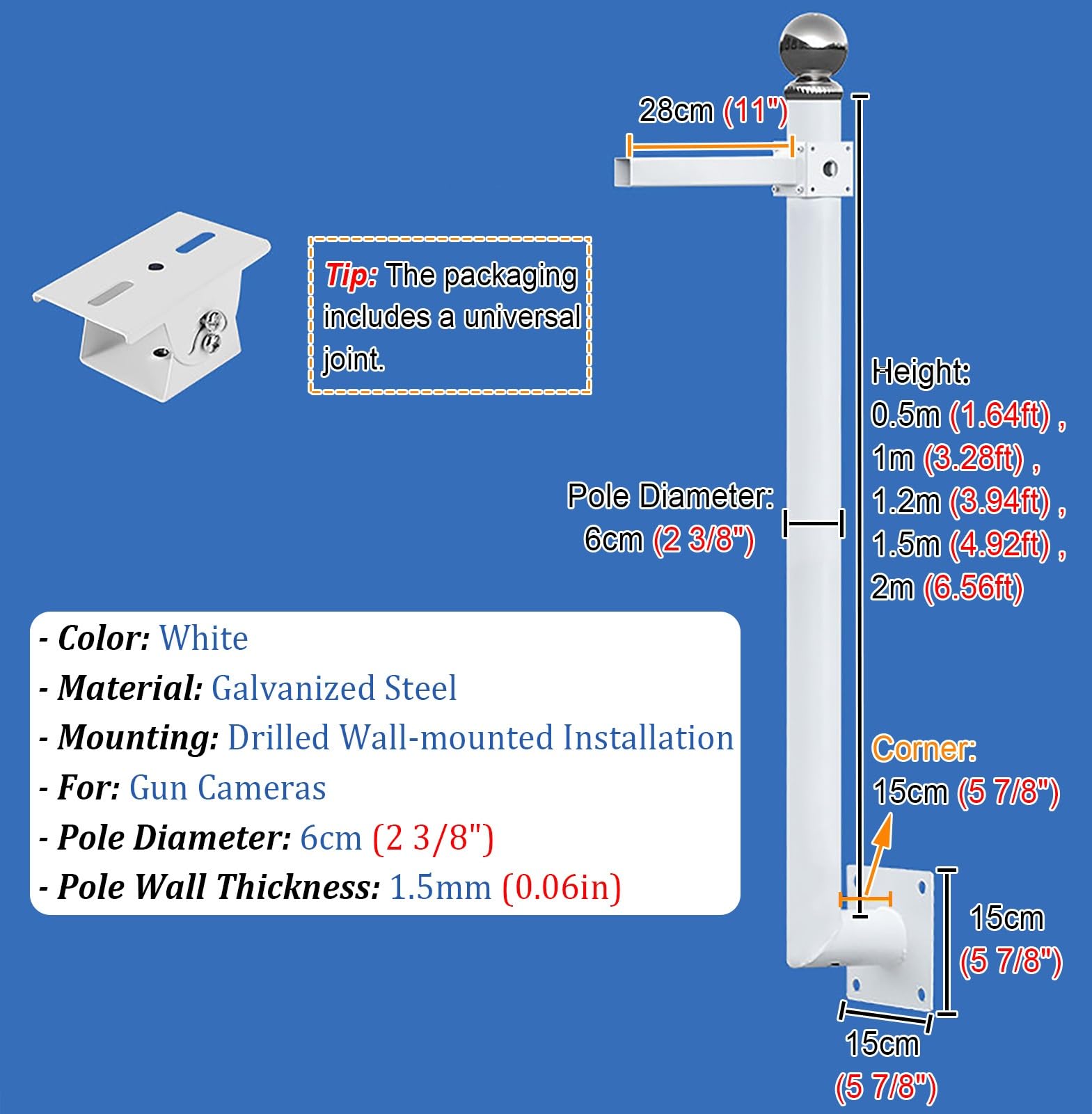 Supporto per telecamera di sicurezza, staffa di sorveglianza a forma di L per parete, 1,5 m, supporto CCTV per area residenziale