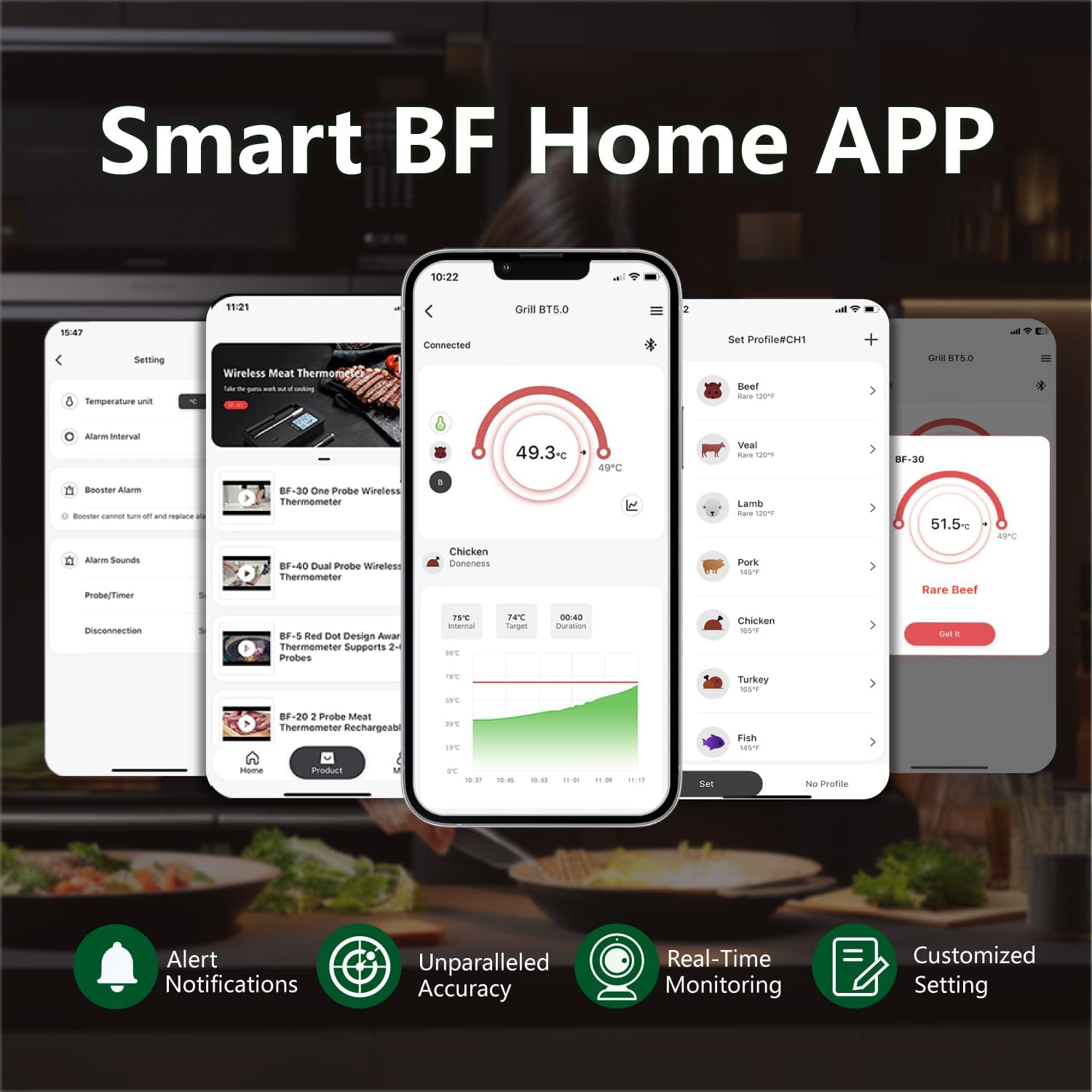 BFOUR Vleesthermometer, draadloze barbecuethermometer, bluetooth