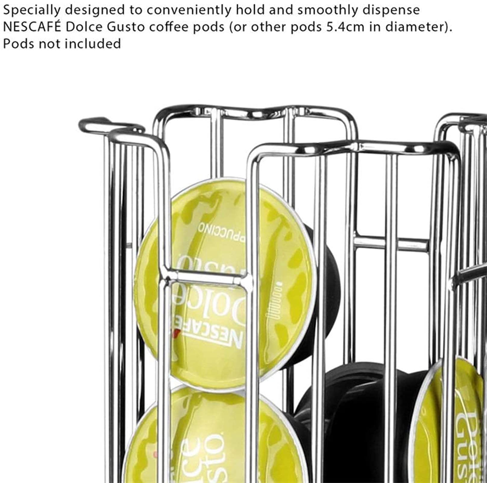 Uchwyt na kapsułki do kawy,kompatybilny z 32 kapsułkami Dolce Gusto, obracany o 360° i antypoślizgowy, dozownik kapsułek, chromowany, srebrny.
