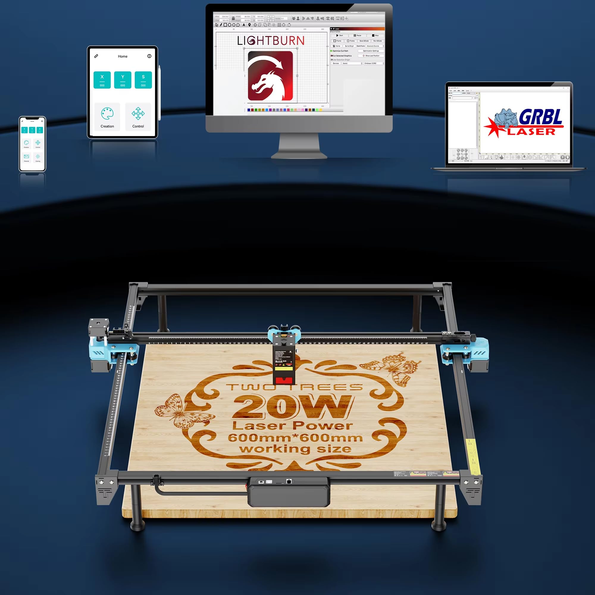 Twotrees Potente incisione laser TTS-20 Max 20 W Macchina per incisione da desktop CNC La superficie di incisione extra larga di 600 x 600 mm per legno, acrilico, acciaio inossidabile, controllo WiFi