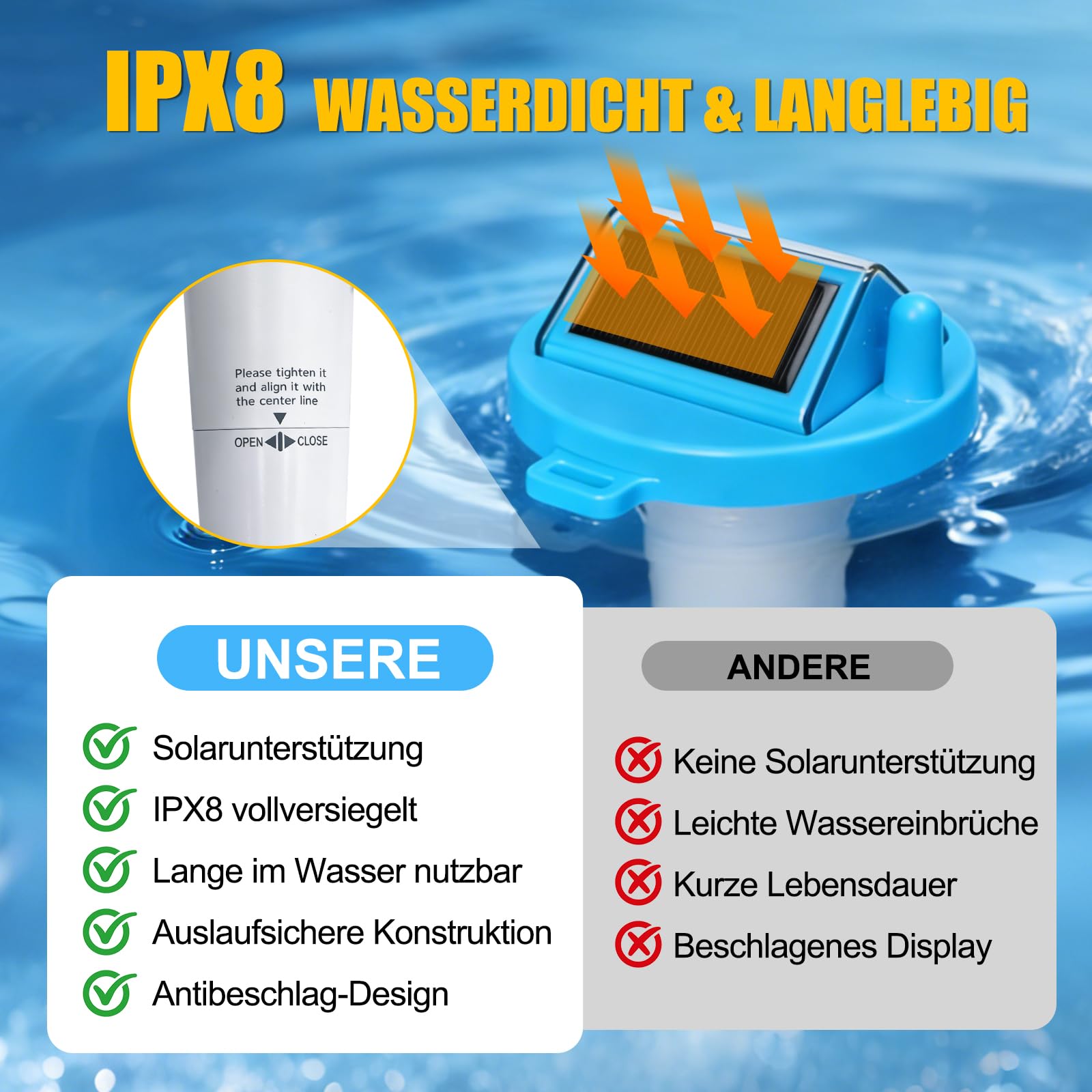 Solar Funk Pool Thermometer Schwimmend – Digitaler Wassertemperaturmesser mit Innen-/Außenfühler für Schwimmbad, Whirlpool, Teich & Aquarium (Batterien nicht enthalten)