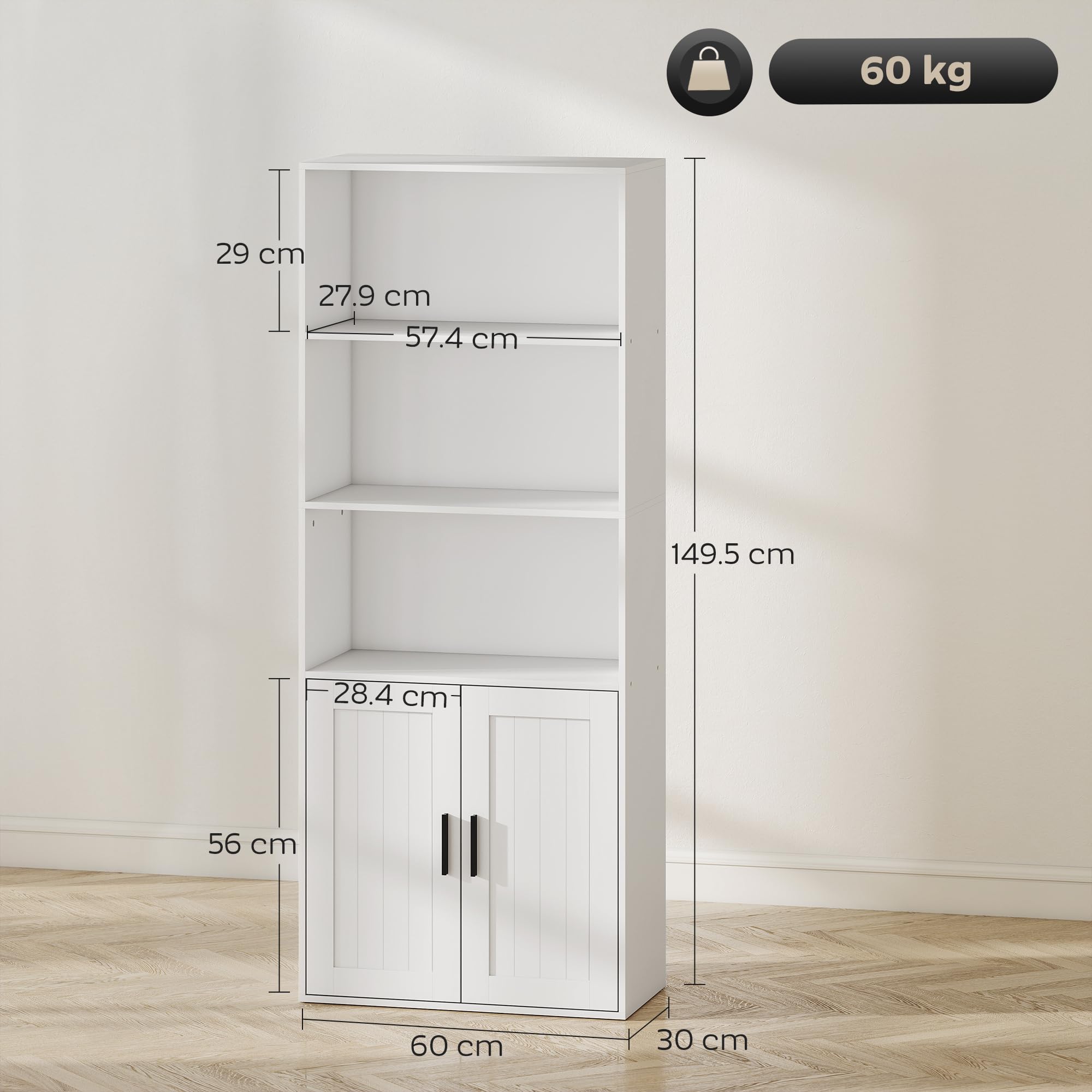 HOMCOM Mobile Libreria a 5 Livelli, con 2 Ante, 60x30x145.5 cm, Bianco