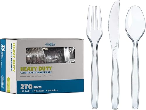 Utensilios de plástico transparente resistentes 270 piezas - Juego de cucharas y cuchillos de plástico - Cubiertos desechables - Utensilios de