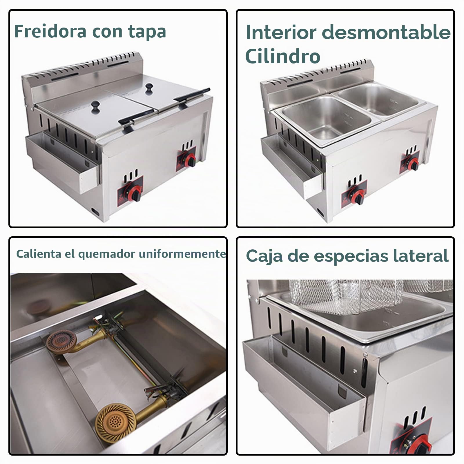 Freidora profesional de gas 10 x 2 con tanque de condimento de acero inoxidable, ideal para patatas fritas comerciales en restaurante familiar, 2 cestas para una cocción eficaz