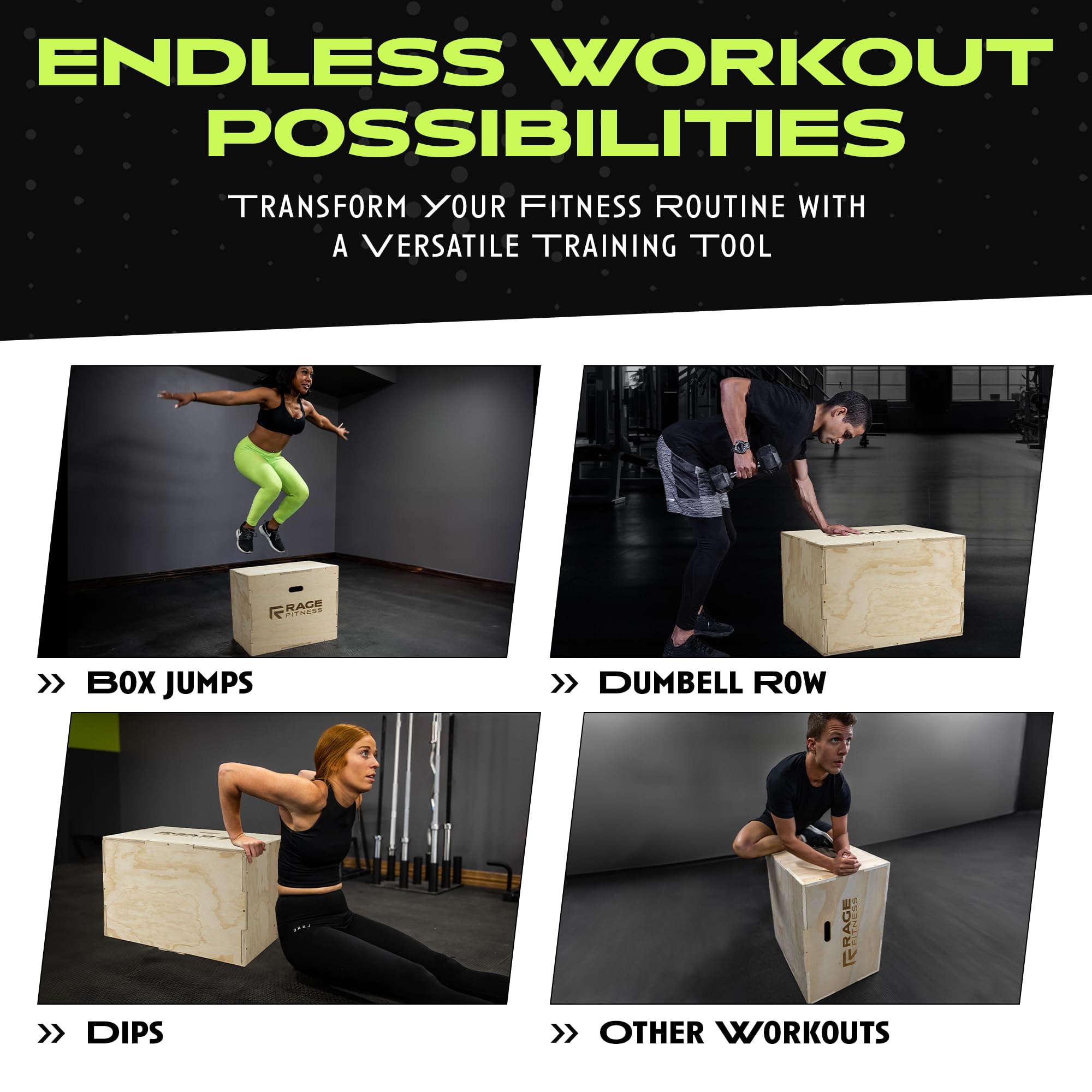 Rage Fitness Plyo Cube, scatola Plyo in legno, 3 in 1, scatola per saltare Plyo, attrezzatura per allenamento di salto, piattaforma per allenamento, blocco fitness per casa e palestra, 50,8 cm, 61 cm,