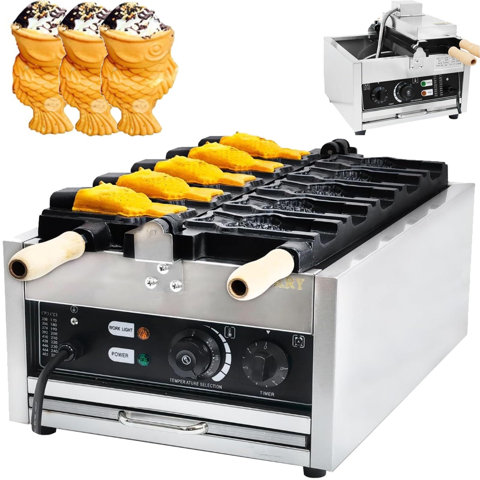 Maszyna Taiyaki o mocy 3000 W, gofrownica rybna z 5otwartymi ustami, konstrukcja ze stali nierdzewnej, z zakresem temperatury i kontrolą czasu, do użytku w domu i restauracji