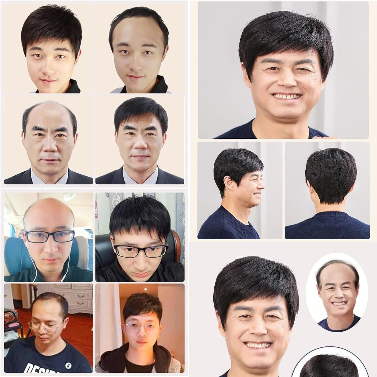 Business Natural and Realistic Full Wig for Medium-Elderly Men, Men's Stretch Mesh Wigs, Natural Fluffy Black Short Hair Human Hair Wig for Business and Middle Aged Man (Hand-Woven)