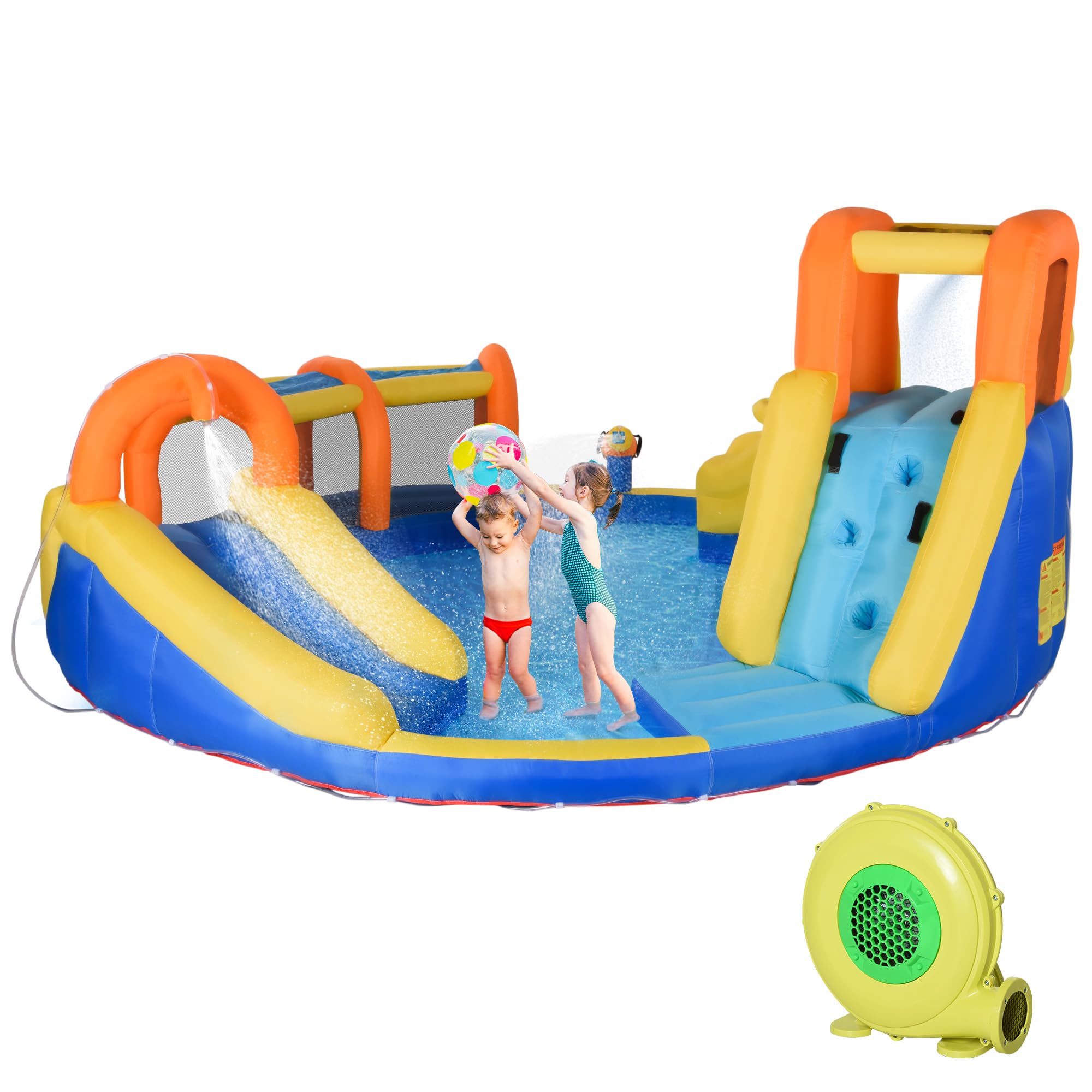 Outsunny Castillo Hinchable para Niños de 3-8 Años Castillo Inflable con Inflador Parque Acuático con Cesta de Baloncesto Piscina Tobogán y Bolsa de Transporte 435x435x200 cm Multicolor