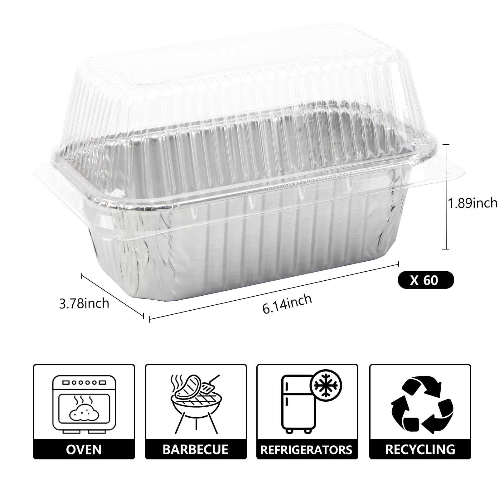 Ruckae Lot de 125 mini moules à pain jetables en aluminium argenté de 0,5 kg pour fêtes, pique-niques, cadeaux - 15,2 x 8,9 x 4,6 cm (125 pièces + couvercles + autocollants)
