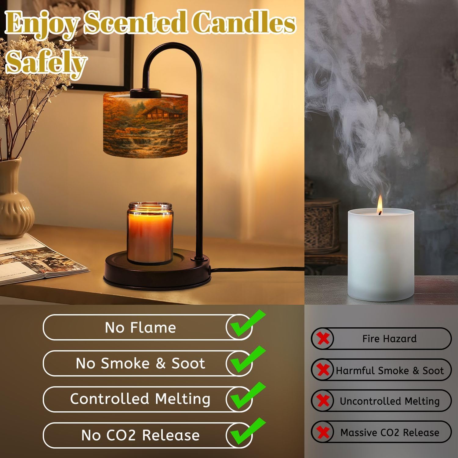 Candle Warmer Lamp with Timer Dimmer, Autumn Forest Landscape Waterfall Deer Family Cozy Cabin Lamp Candle Warmer with 4 Bulbs House Warming Women Mom Gifts for Birthday Home Decor