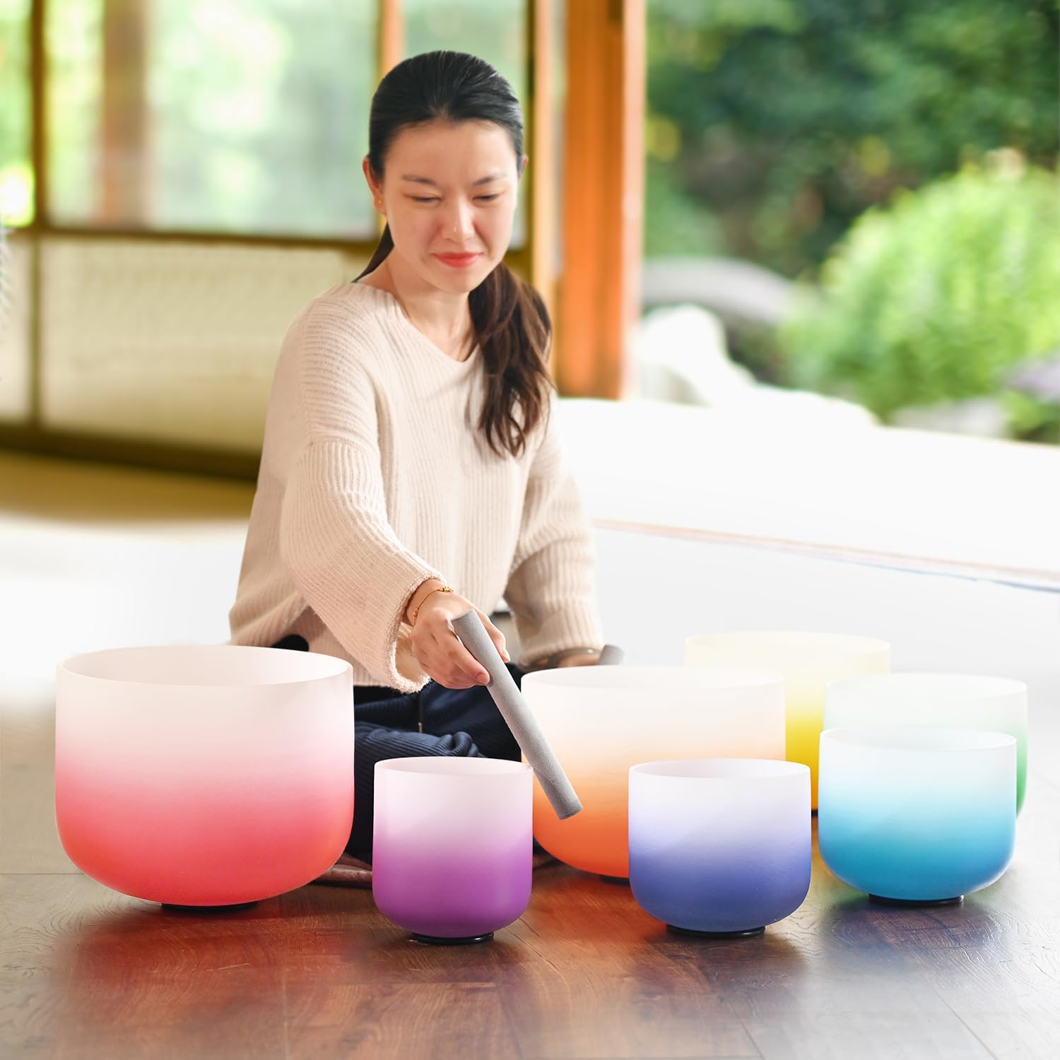 432HZ 7PCS Set Of 6-12 Inch Aria Gradient Design Frosted Quartz Crystal Singing Bowls With 2 PCS Travel Carry Case Bag.