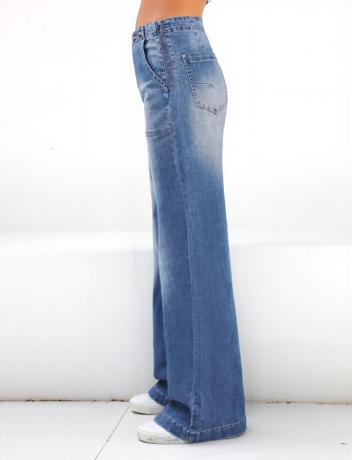 Emmiol Women Wide Leg Jeans Tummy Control Waisted Straight Stretchy Denim Pants with Pockets - Image 3